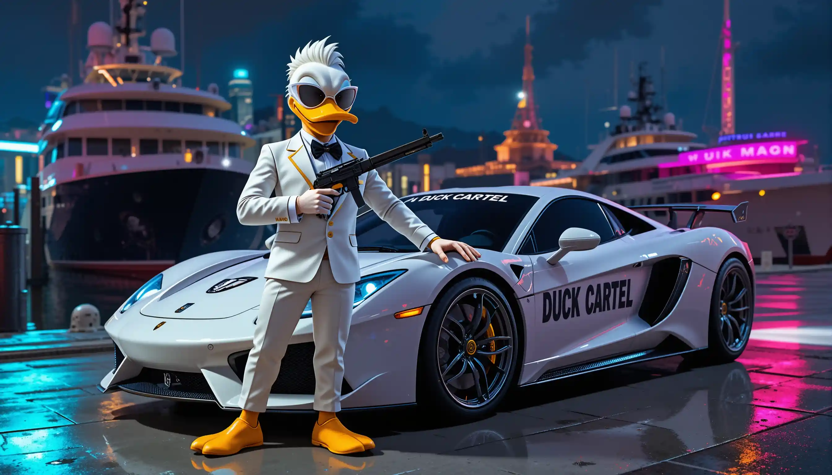 3D cartoon duck kingpin beside luxury white sports car