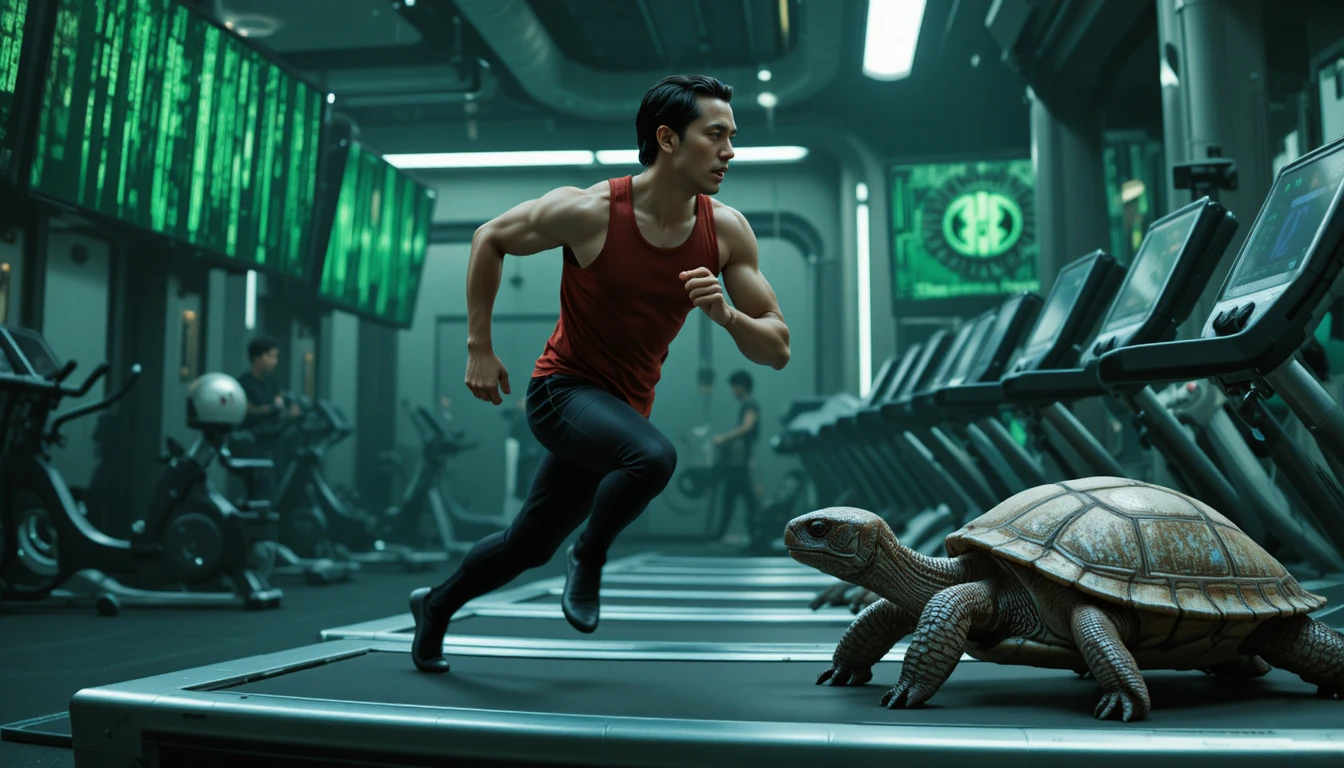 Neo running on futuristic treadmill in dystopian green gym