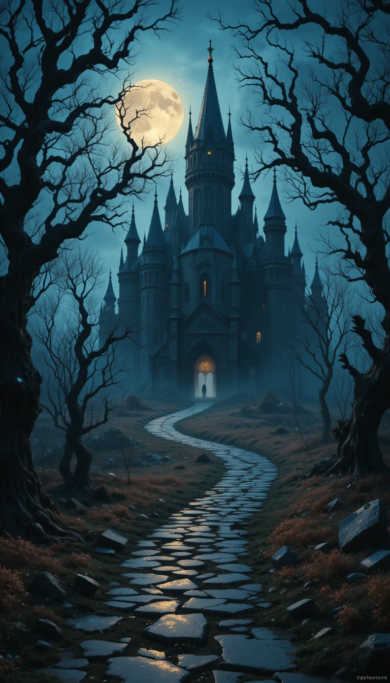 Gothic Castle Under Full Moon With Twisted Forest Path
