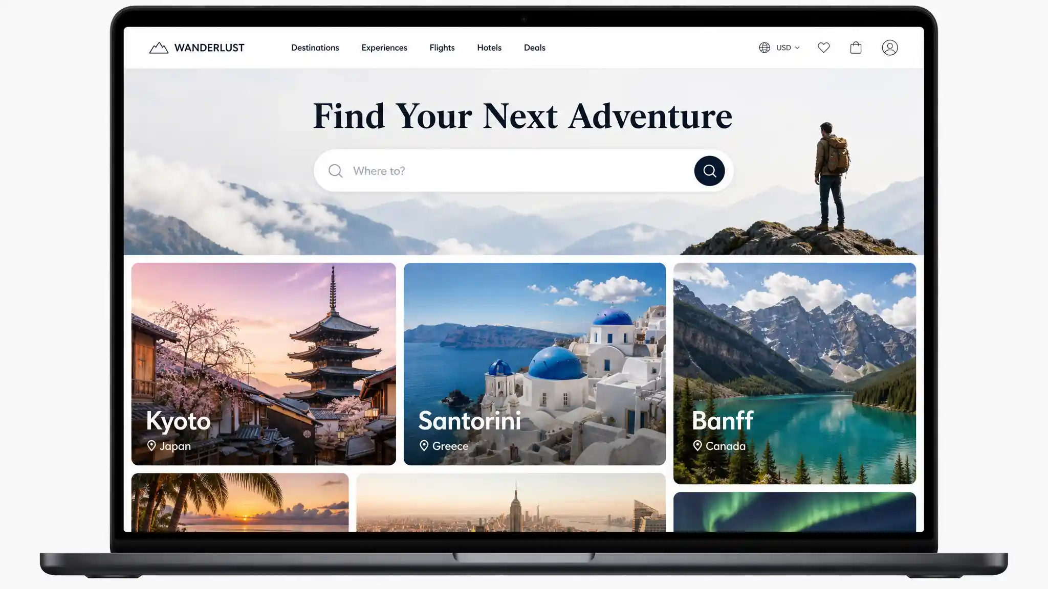 Travel booking website wireframe on a laptop screen