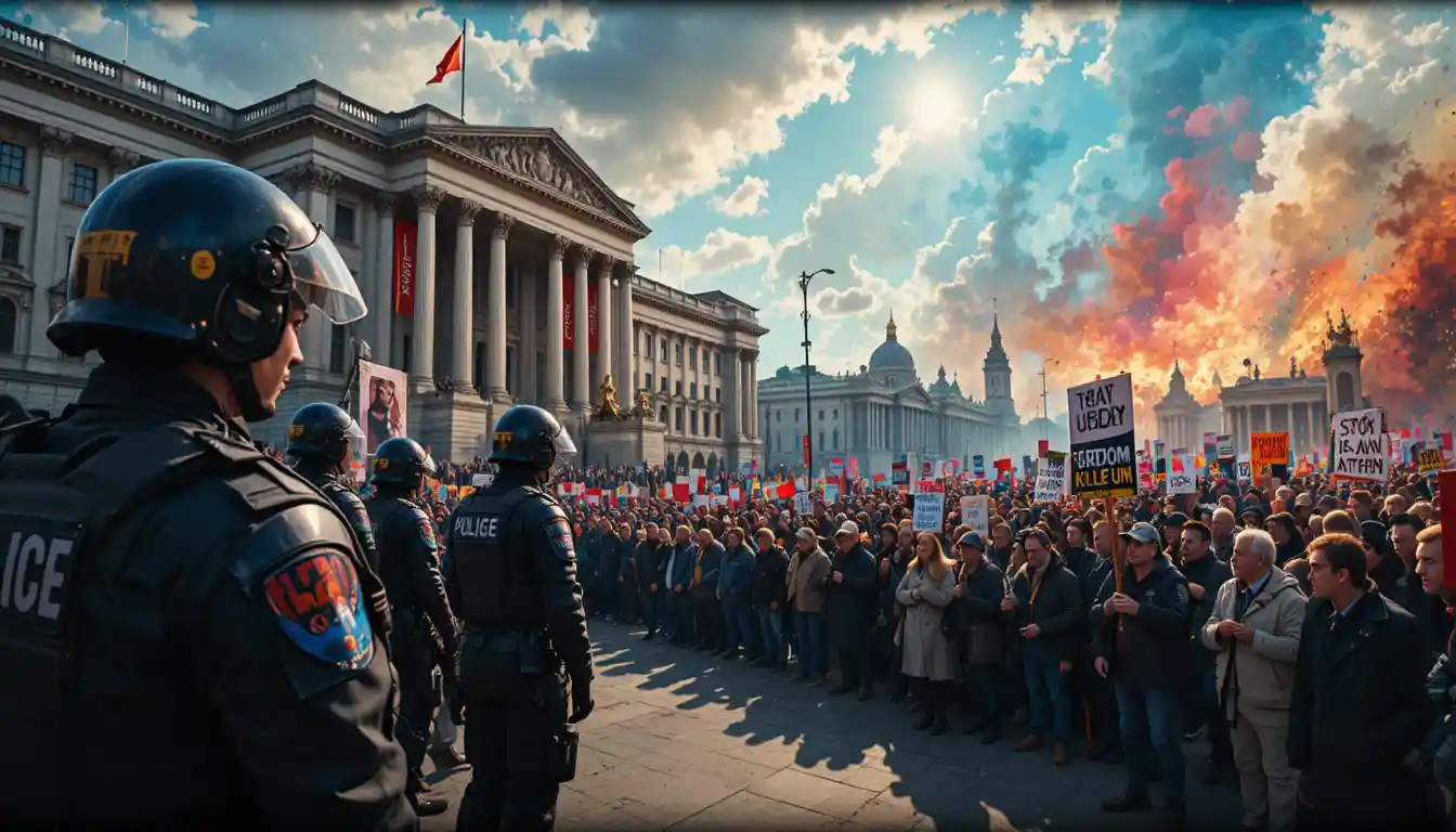 Police guard a parliament building facing a mass protest crowd