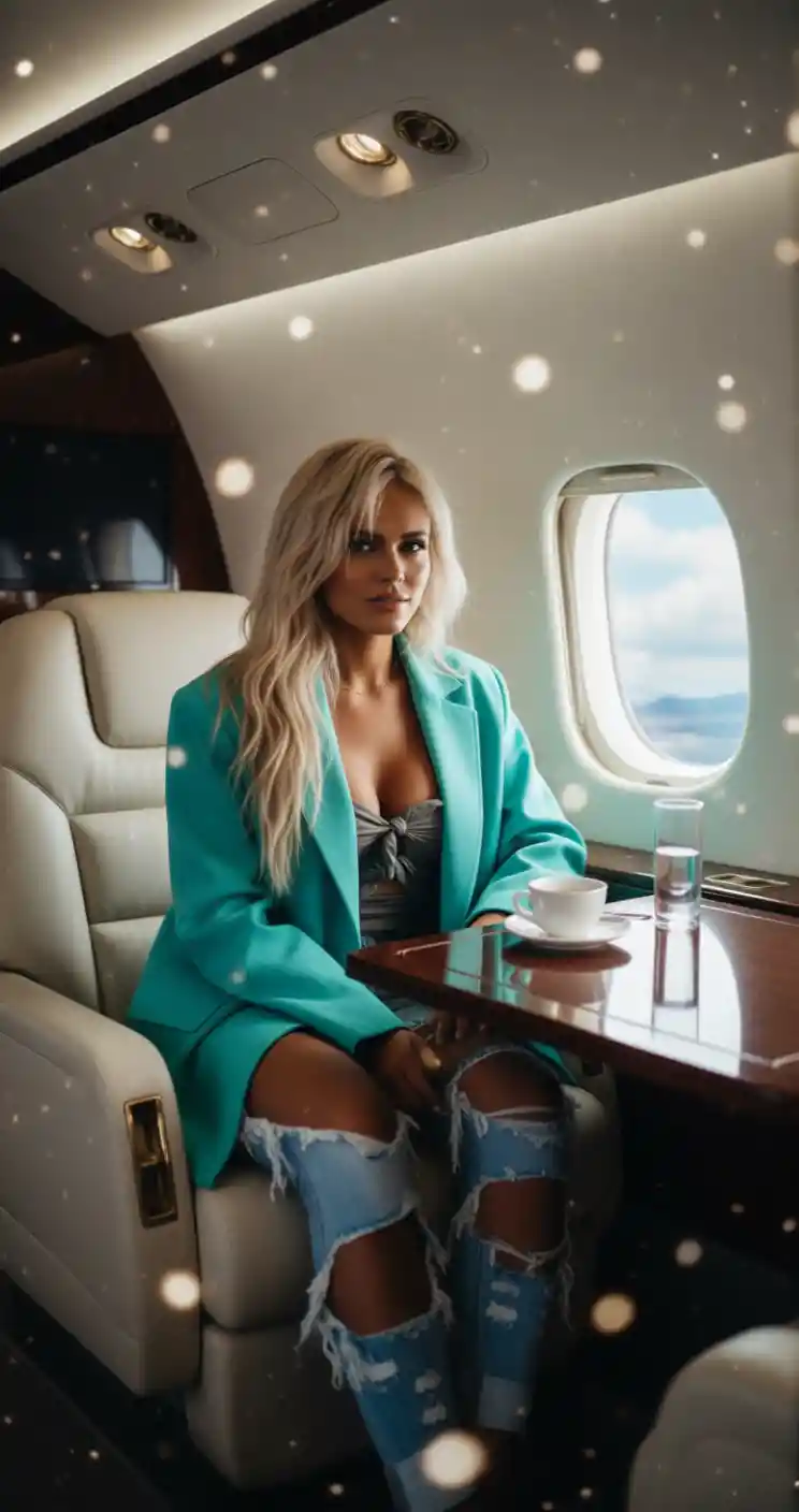 Young woman in mint jacket sitting in private jet cabin