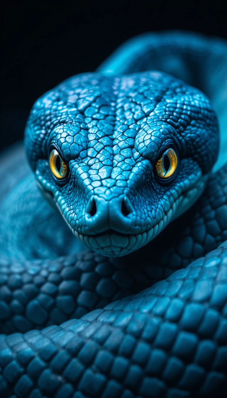 Close up of a blue snake with glowing yellow green eyes