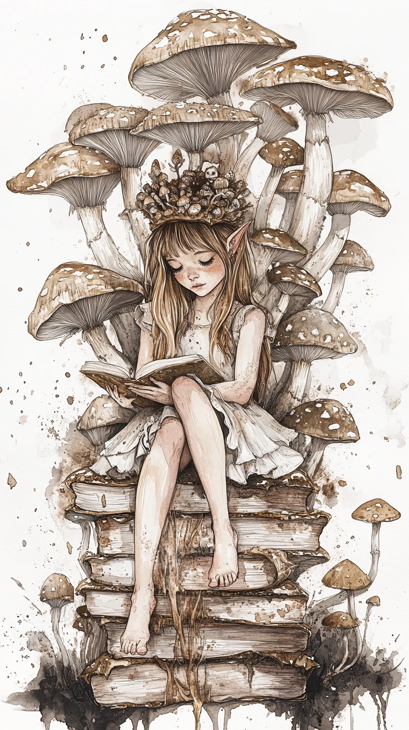 Pixie On Mushroom Throne In Soft Watercolor Illustration