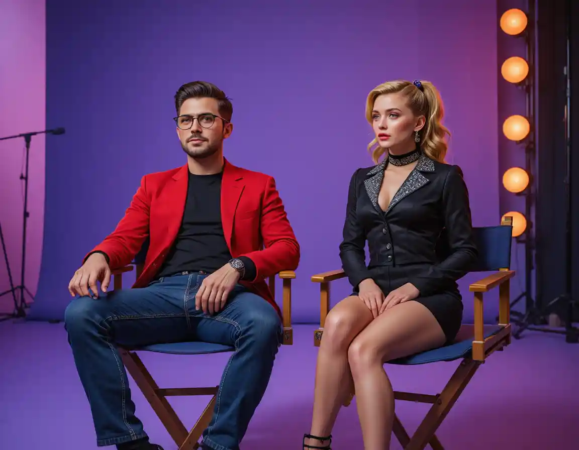 Man and woman seated on director chairs in studio