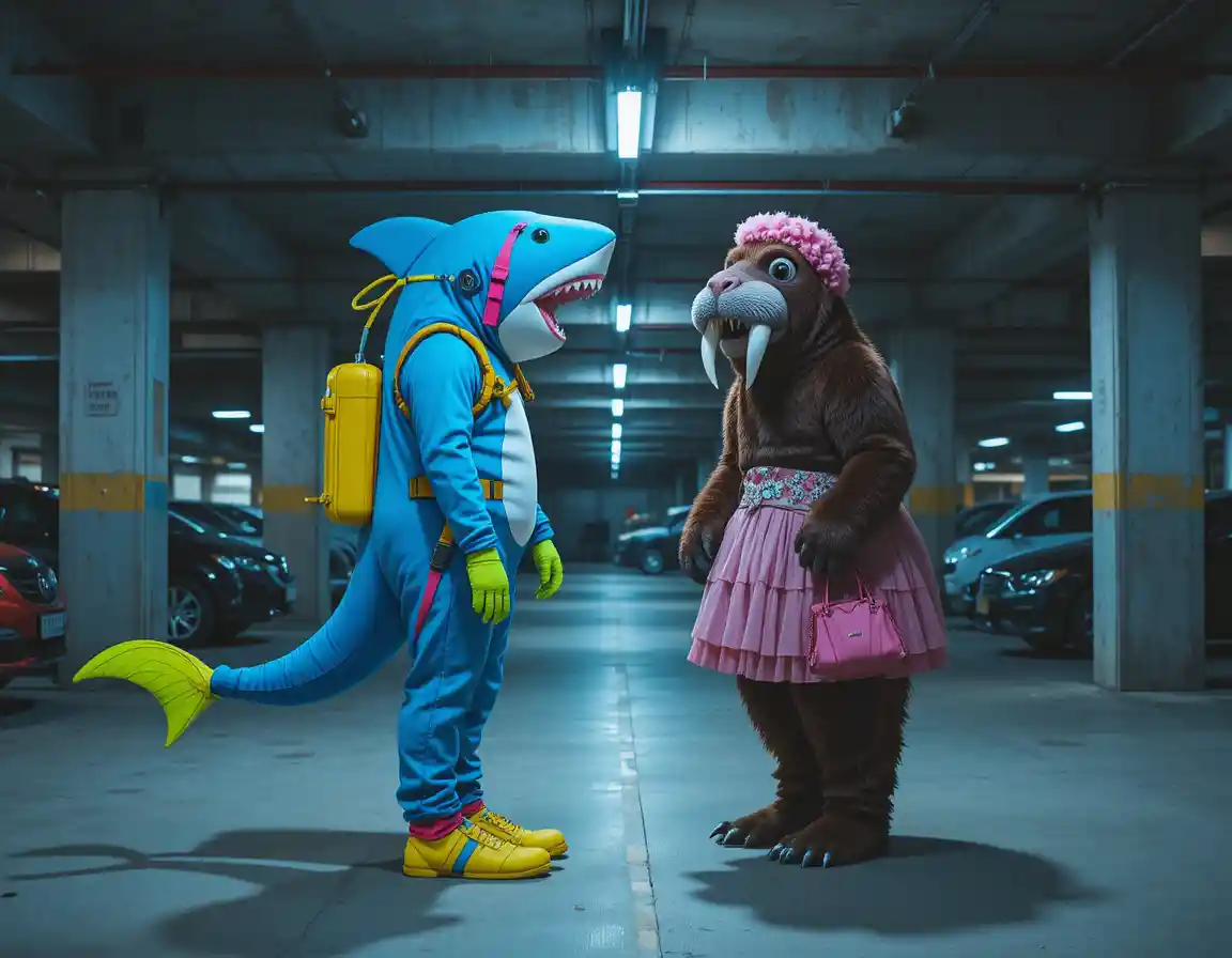 Colorful shark and walrus mascots in a parking garage