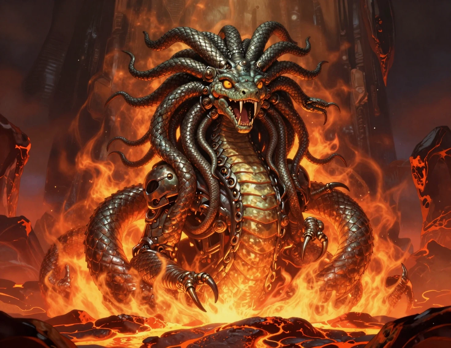Mechanical medusa machine rising from molten lava flames