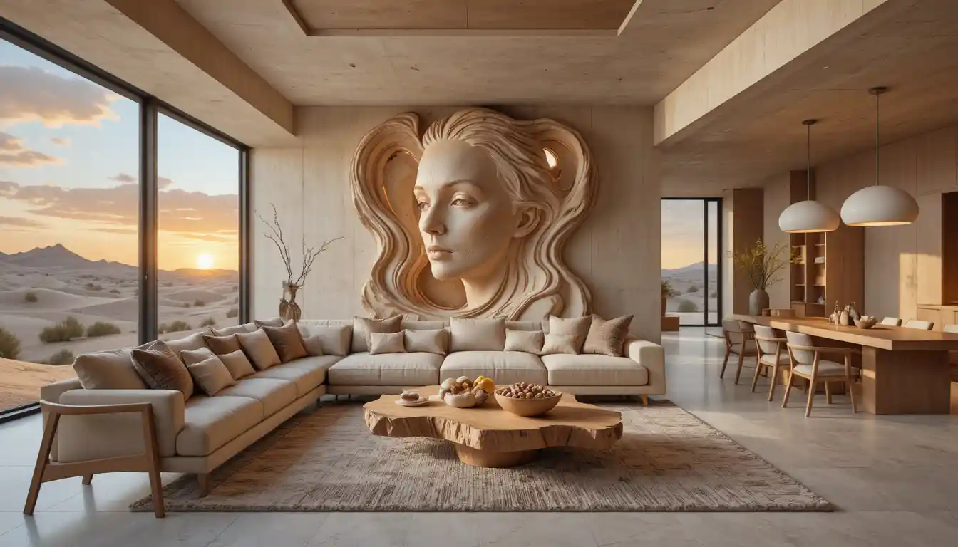 Luxurious living room with sculpted wall and desert sunset