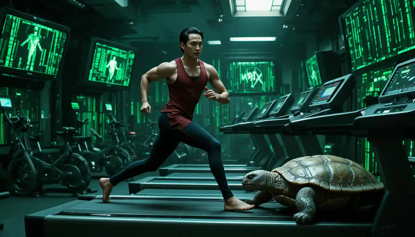 Neo running on a futuristic treadmill in dystopian green gym