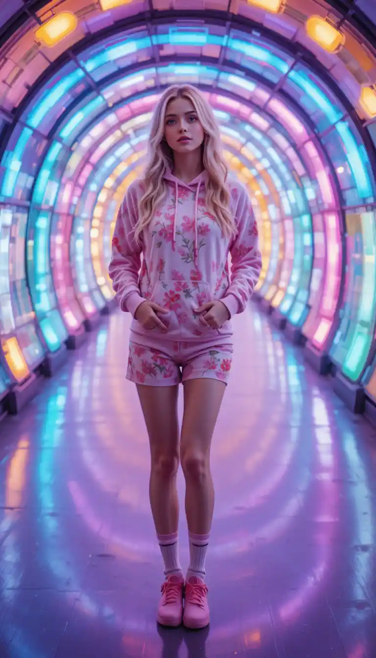 Blonde woman in pink floral outfit in glowing tunnel