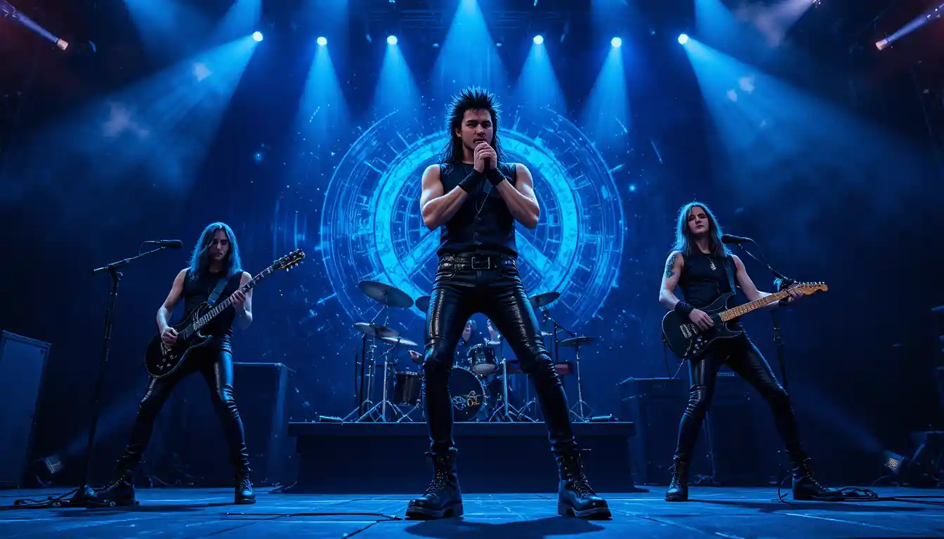 Rocksänger führt eine Band auf einer blauen kosmischen Bühne an