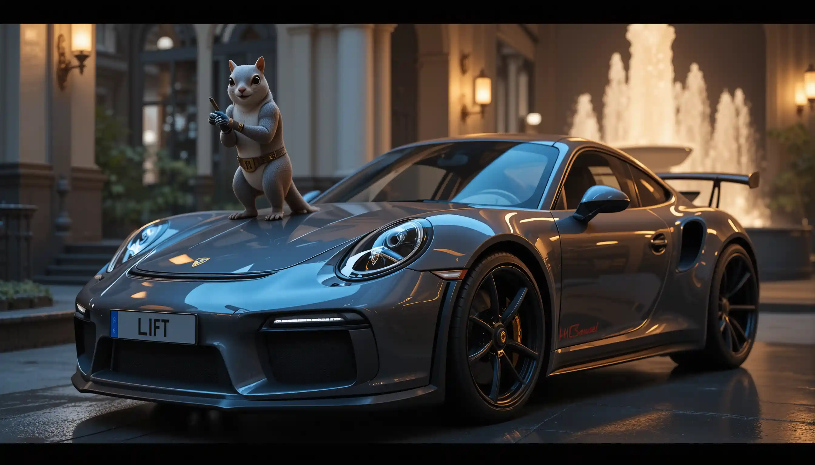 Anthropomorphic squirrel thief beside stealth Porsche at night