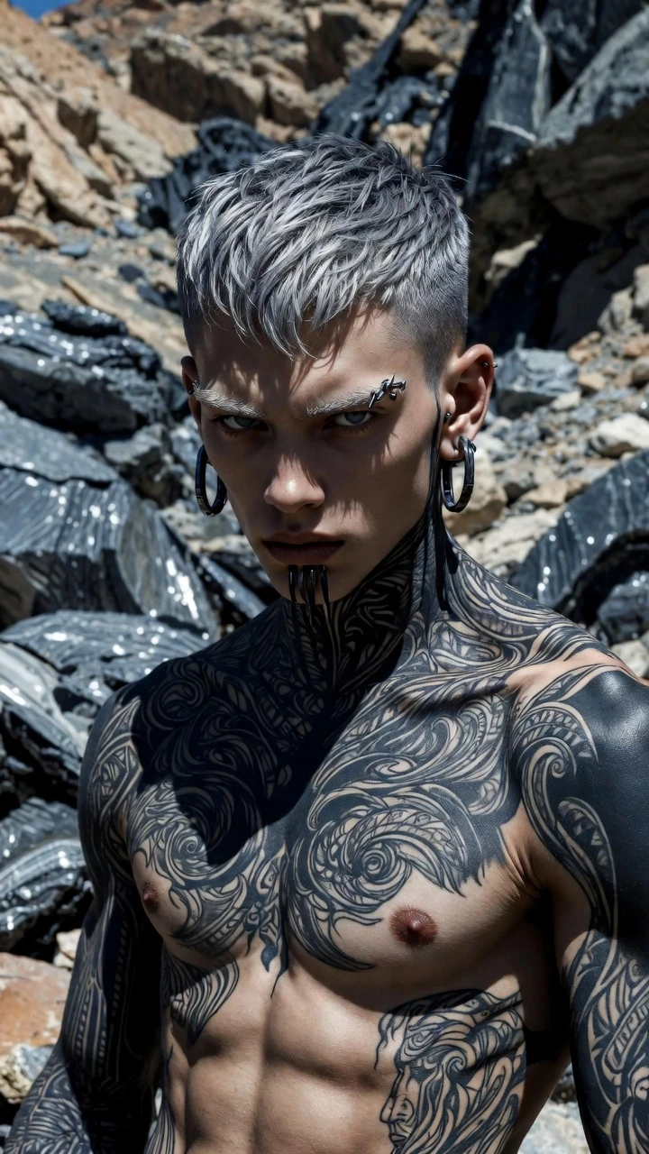 Tattooed man standing in rocky landscape under harsh light