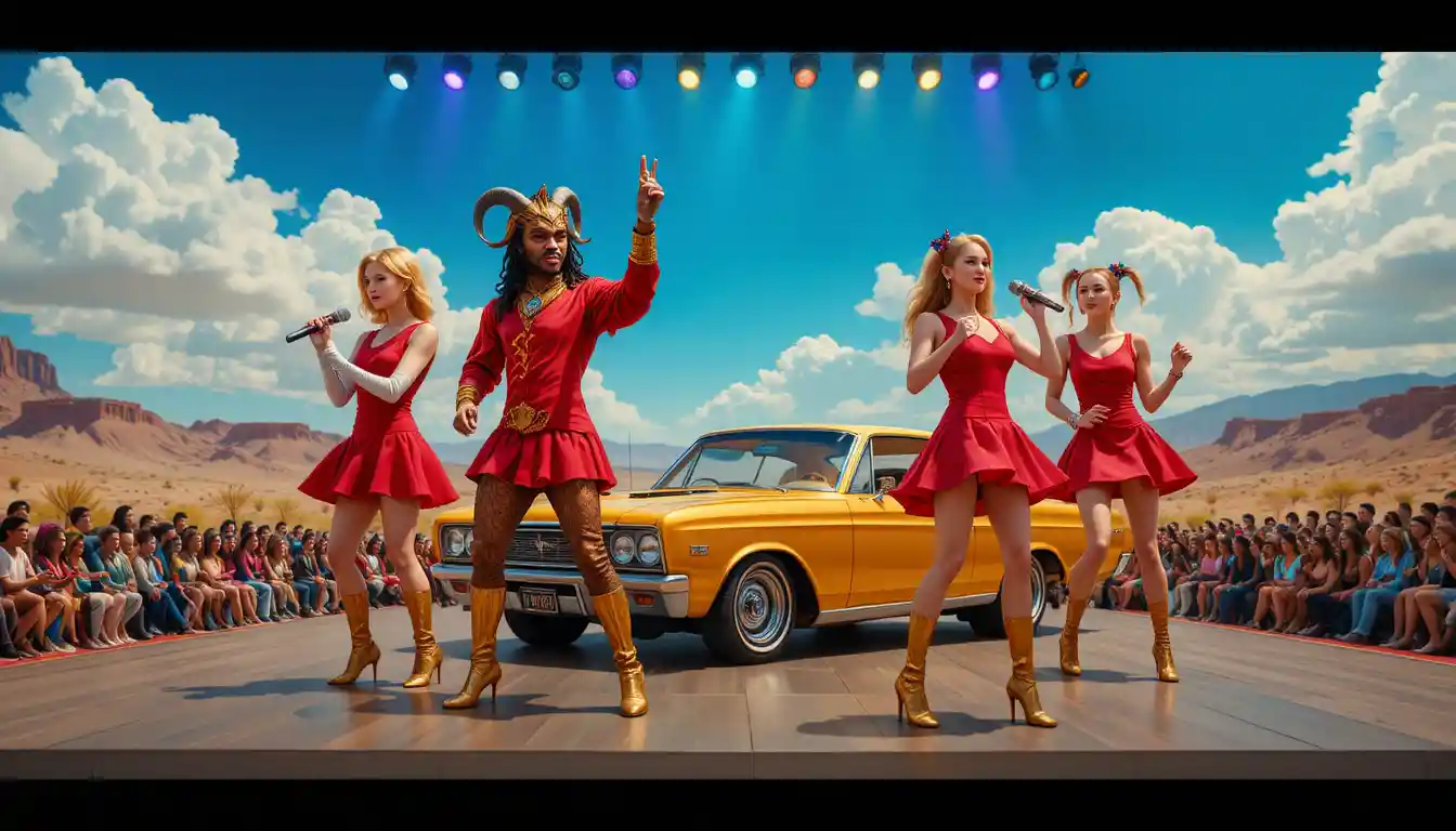 Colorful stage performers dancing beside a golden car
