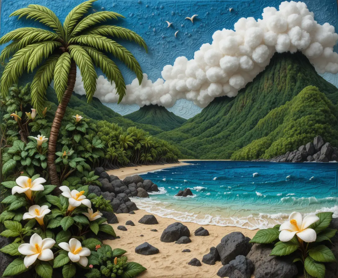 Needle felted tropical Tahitian beach with lush palm trees