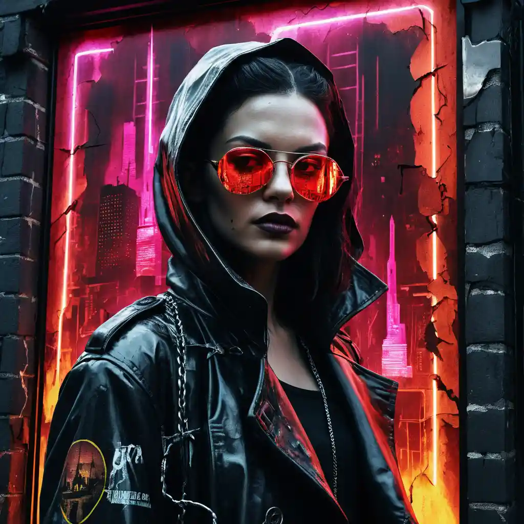 Glitch art poster of a cyberpunk outlaw queen on bricks