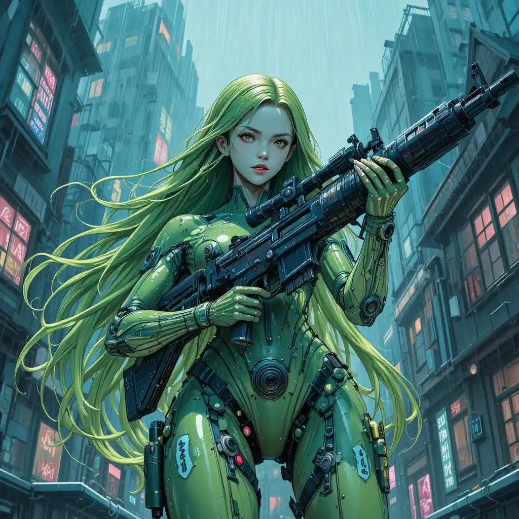 Cybernetic woman aiming rifle on rainy city rooftop