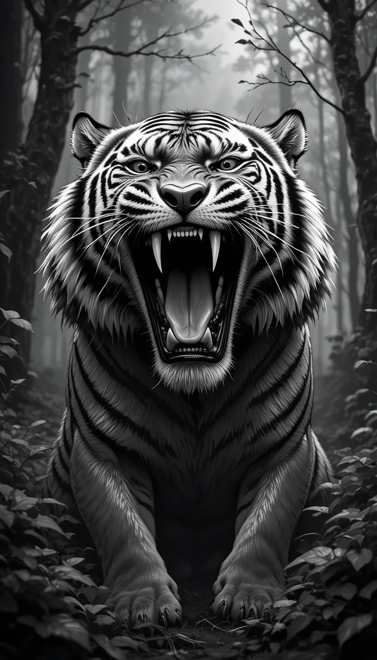 Fierce roaring tiger in a misty black and white forest