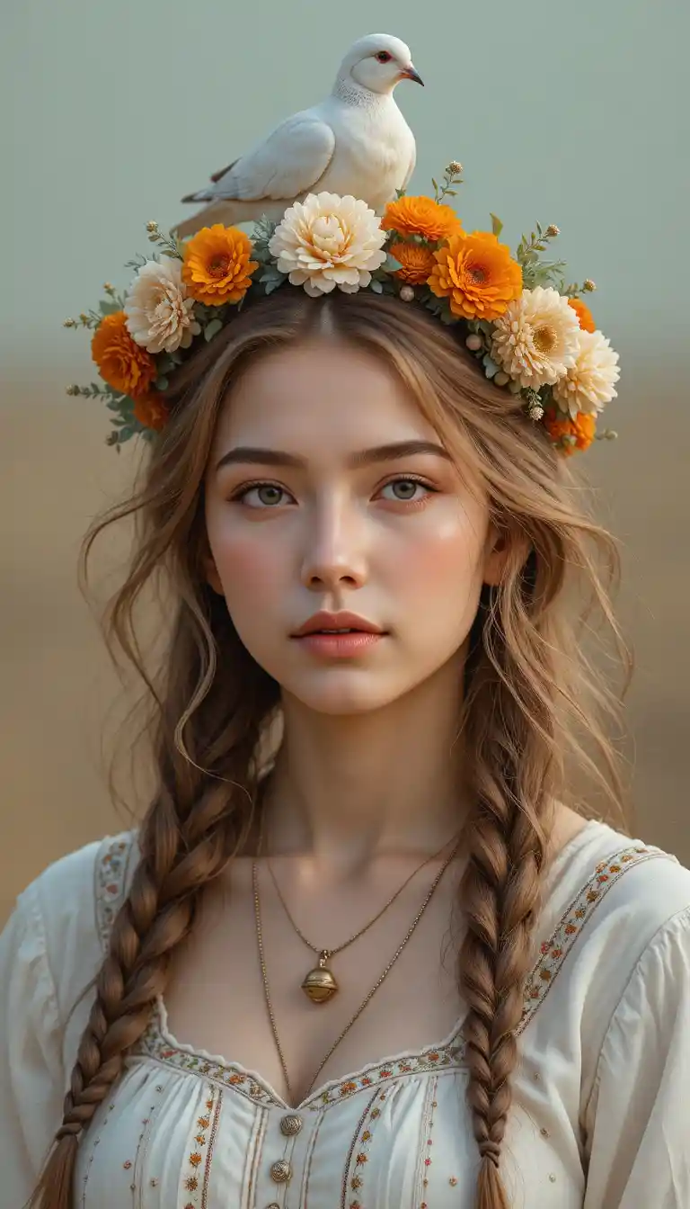 Girl with floral crown and dove in soft earthy tones