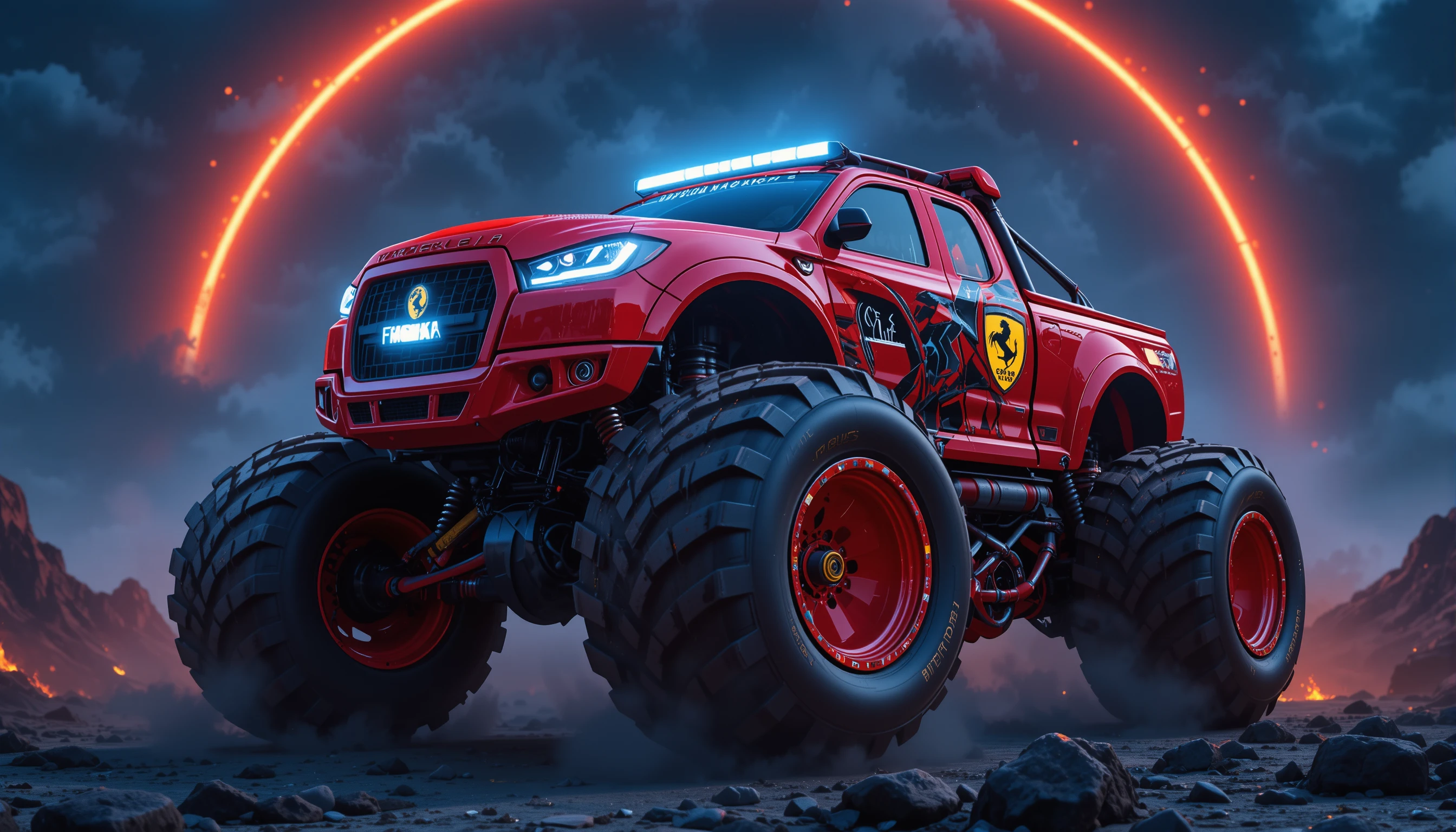 Red monster truck supercar on a volcanic night rim