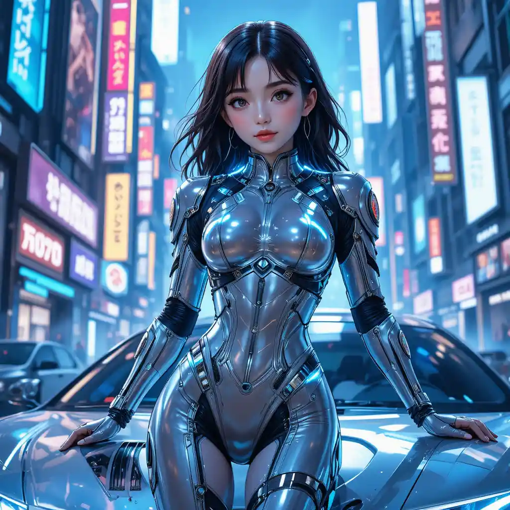 Confident anime heroine leaning on a futuristic cyber car