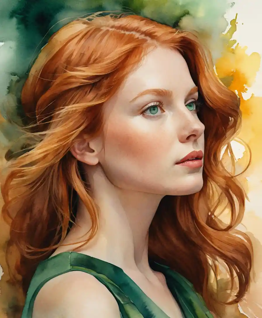 Red haired woman in profile with flowing hair and glow