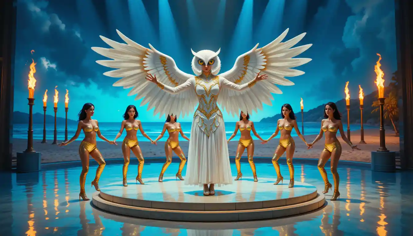 Owl costumed performer leading dancers on surreal beach stage