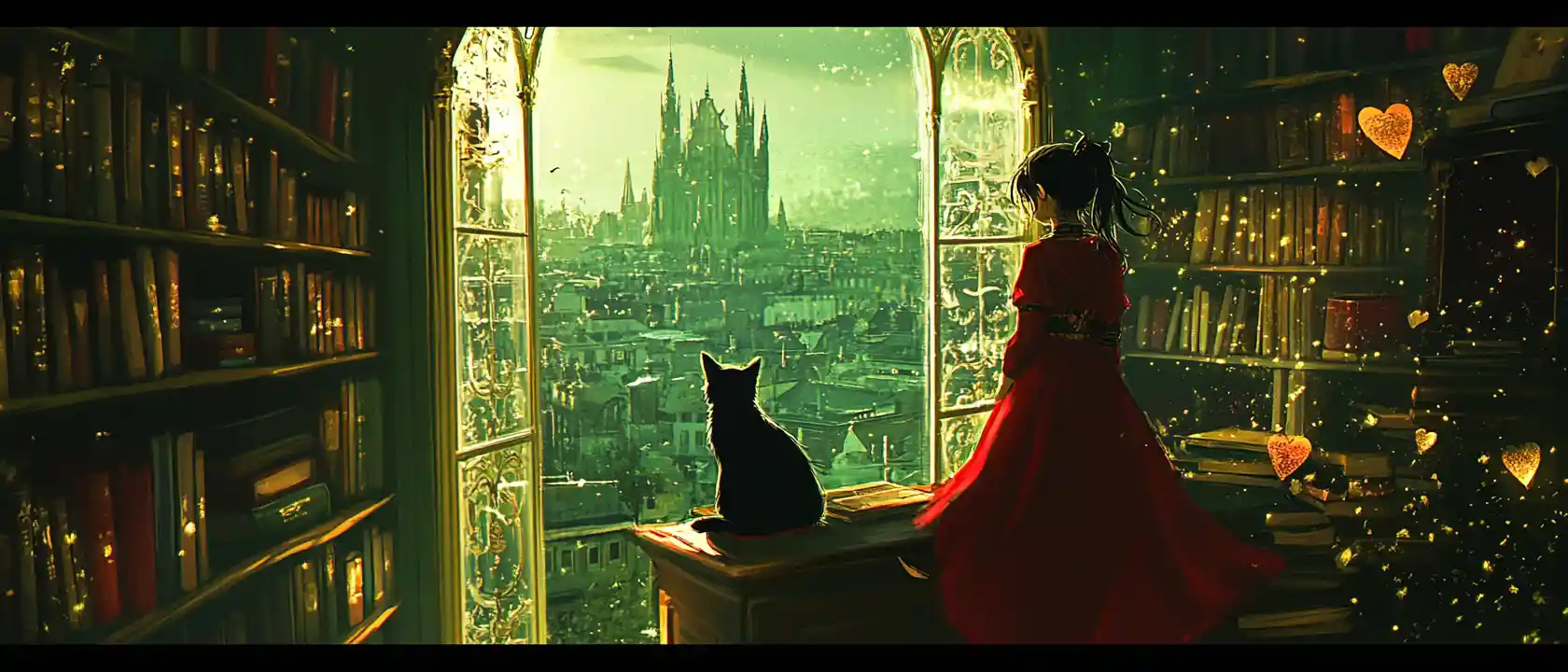Anime girl with black cat in a golden city view room