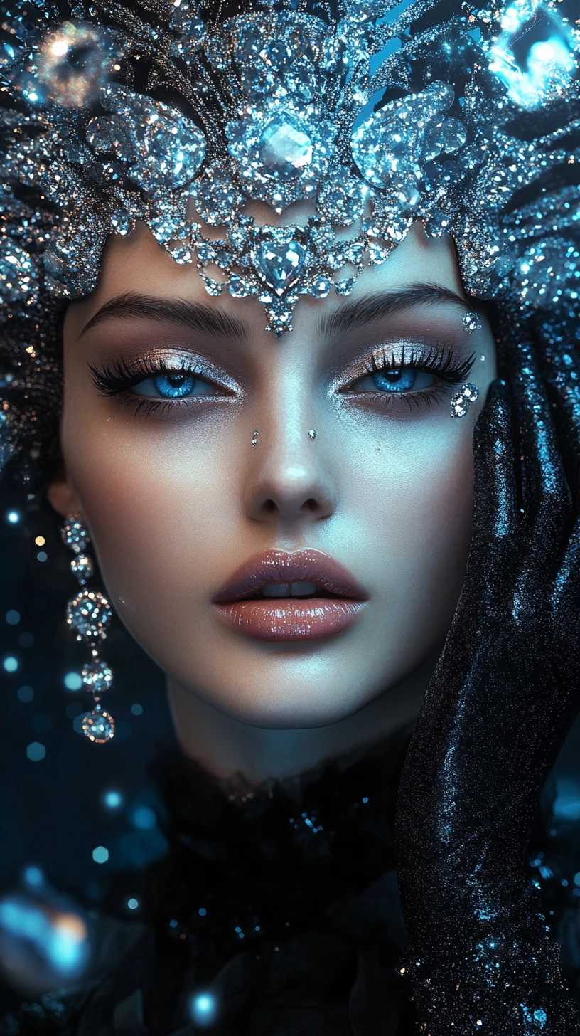 Glamorous goth woman smiling in jeweled cosmic close up