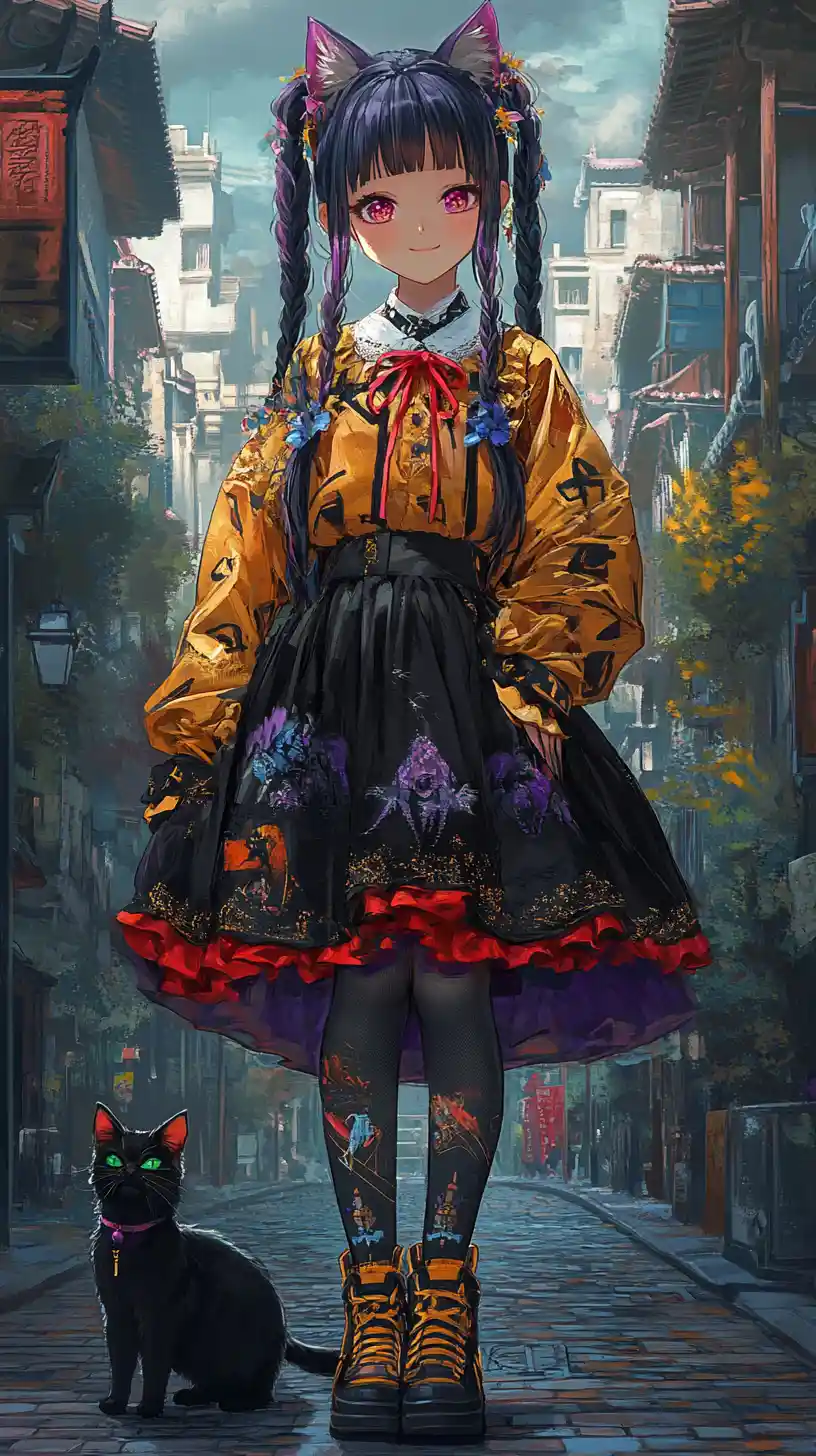 Anime girl in black hoodie before haunted forest tower