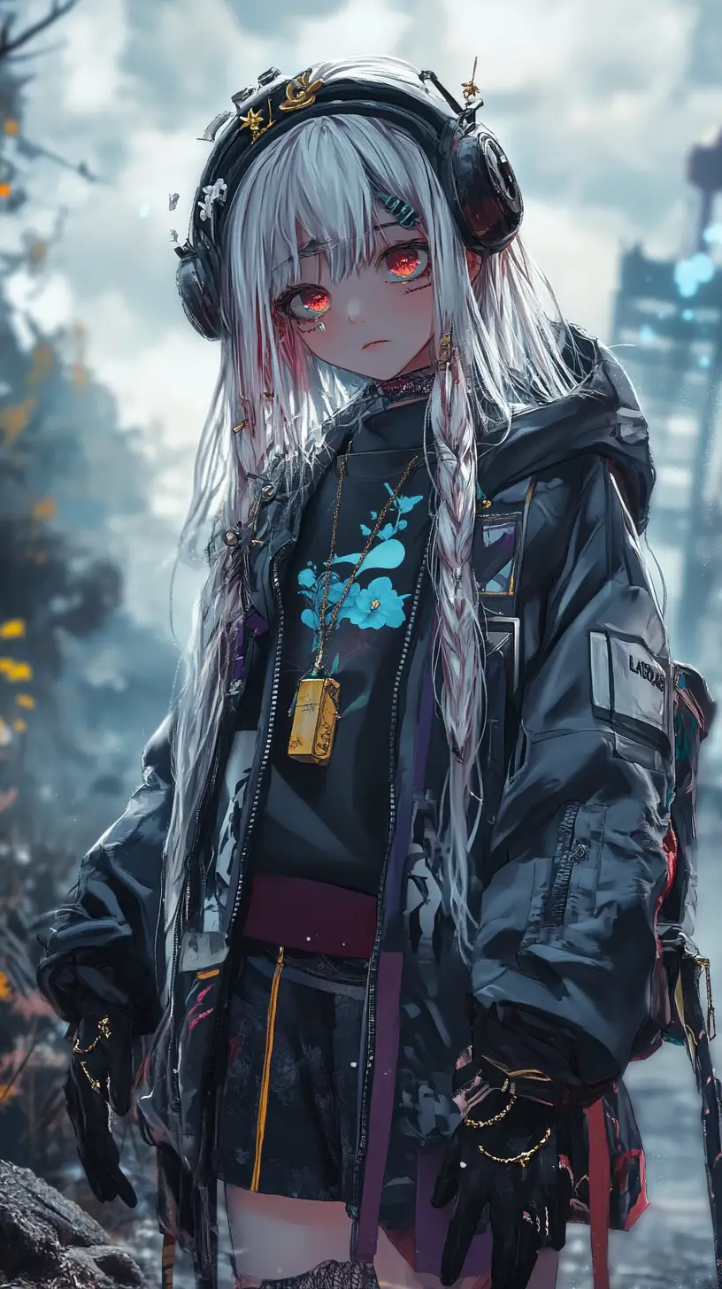 Ragazza anime su un sentiero nel bosco nebbioso con rovine in lontananza