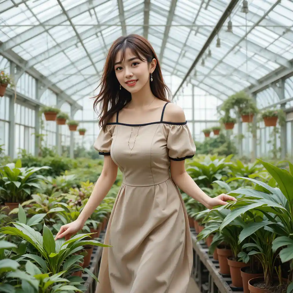 Korean college girl choosing plants in a glass greenhouse