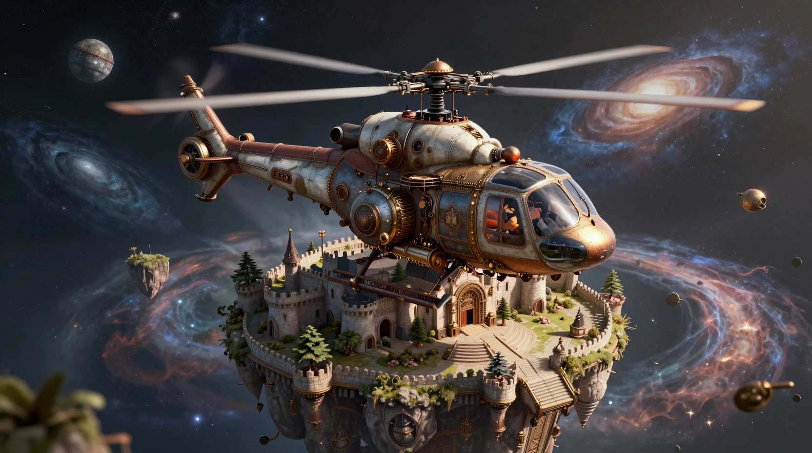Steampunk Helicopter Over Castle On Floating Island In Space