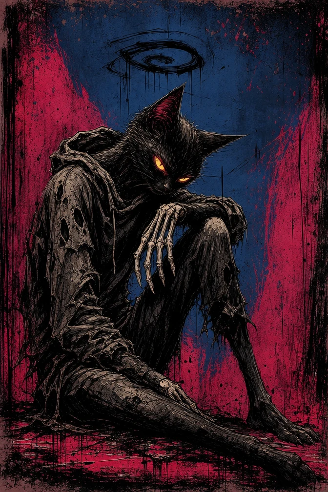Gaunt black cat mascot in torn hoodie with glowing eyes