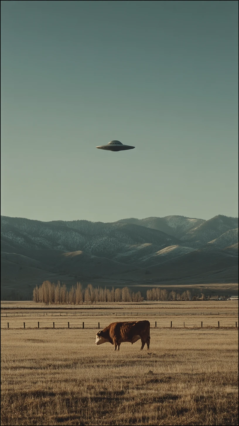 UFO hovering over cow in quiet dusk rural landscape