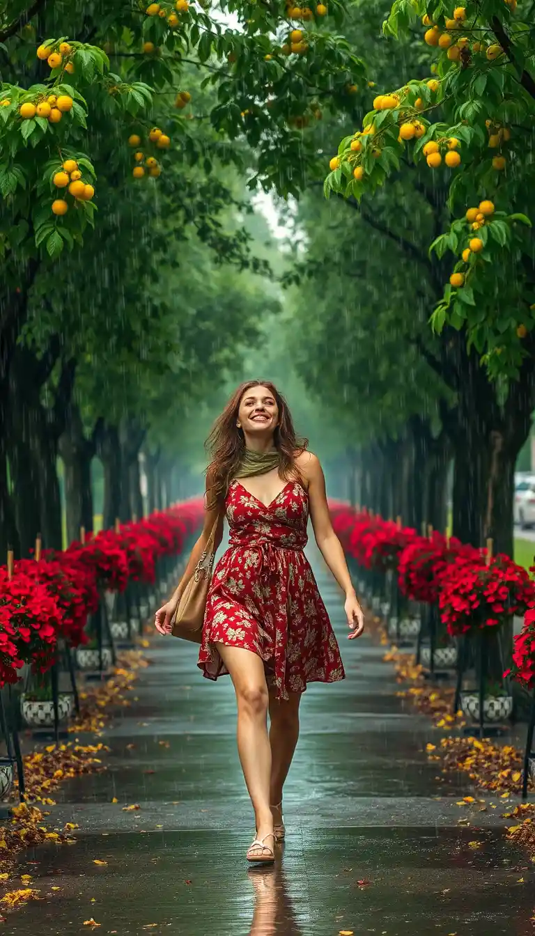 Joyful woman walking through a rainy summer city park