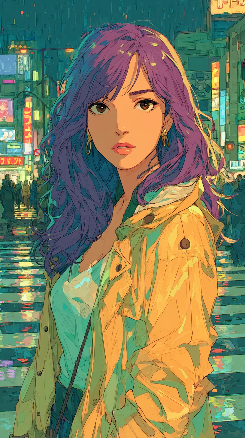 Donna anime sulle strisce pedonali di una città al neon in una notte di pioggia