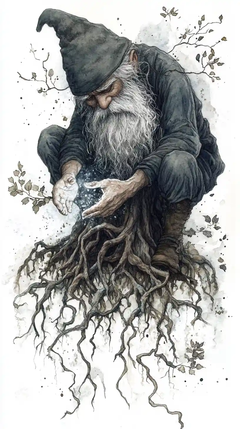 Gnome Gently Tending Magical Tree Roots In Watercolor Ink