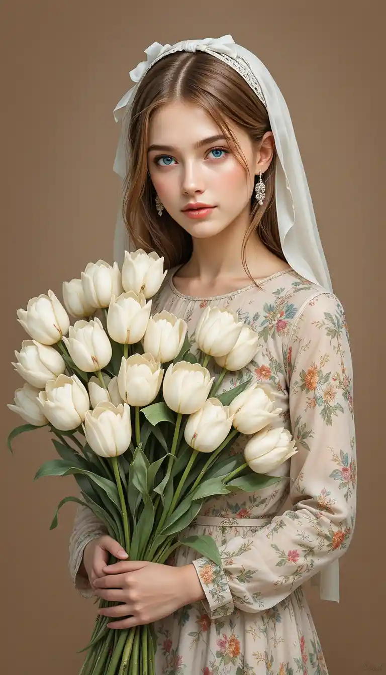 Young girl with white tulip bouquet in floral dress