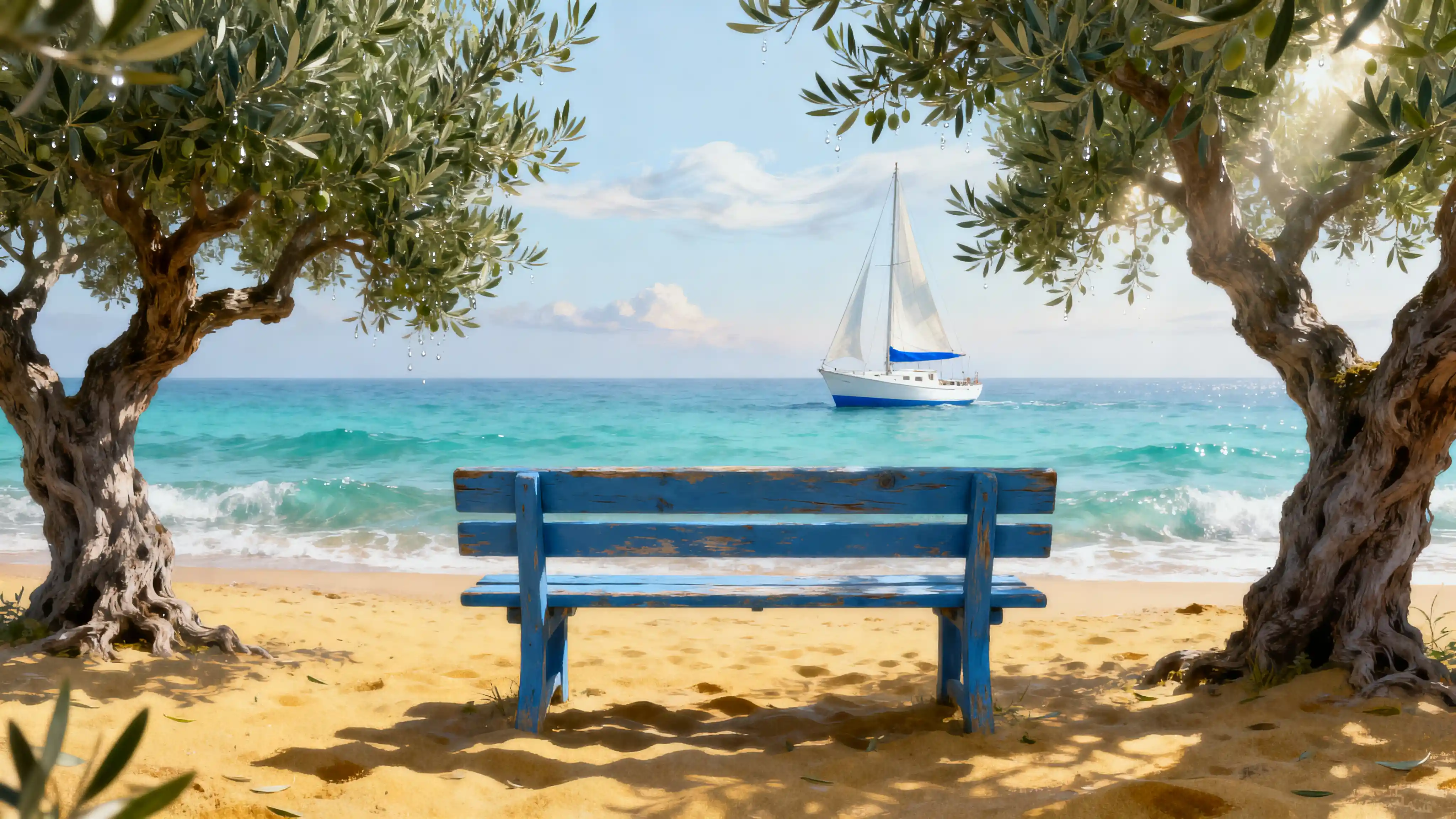Blue bench facing a Greek beach with turquoise water