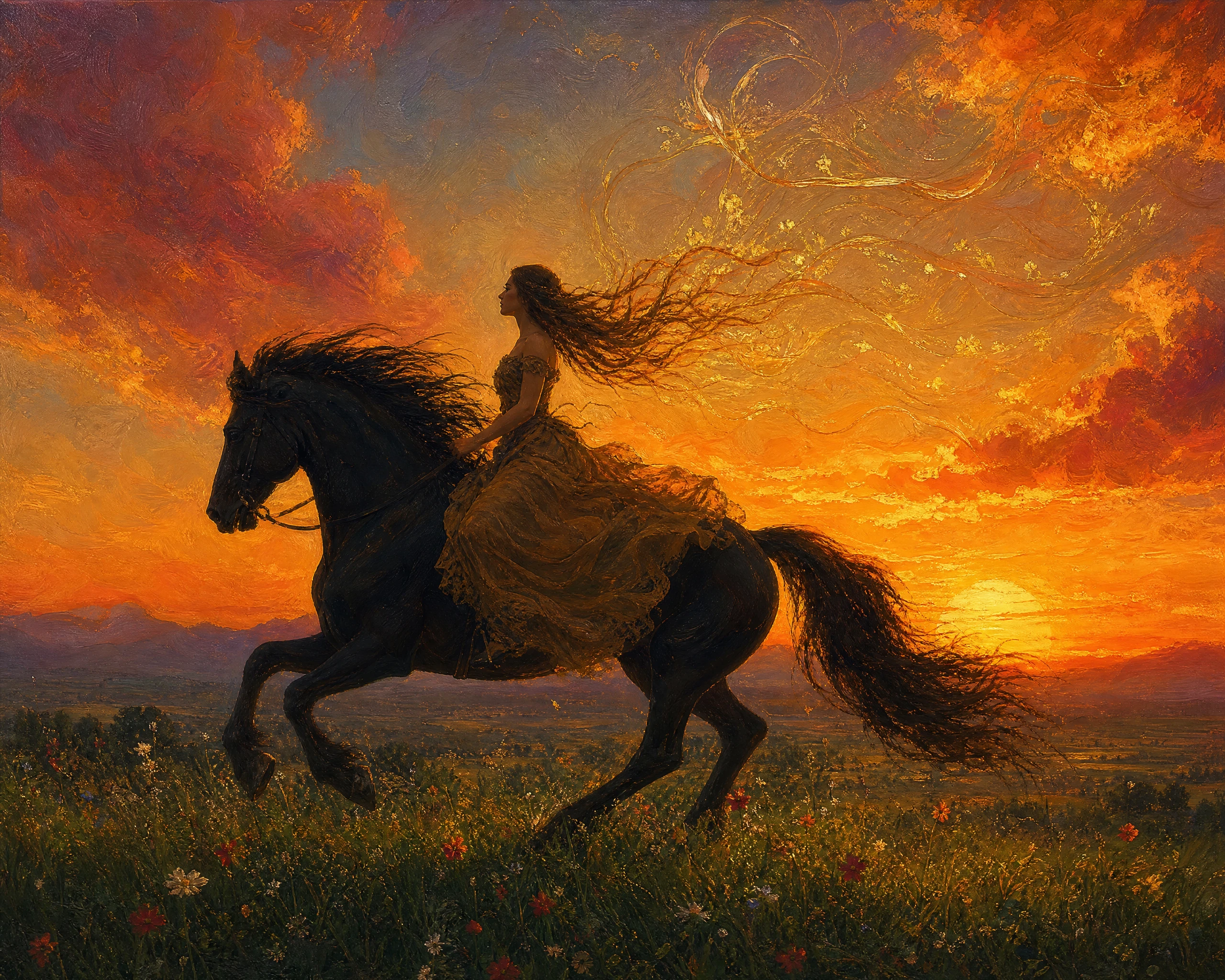 Mujer montando a caballo por un prado al atardecer