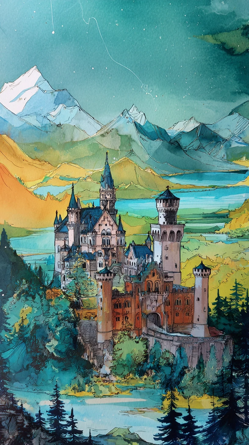 Alcohol ink painting of a vintage poem page with castle