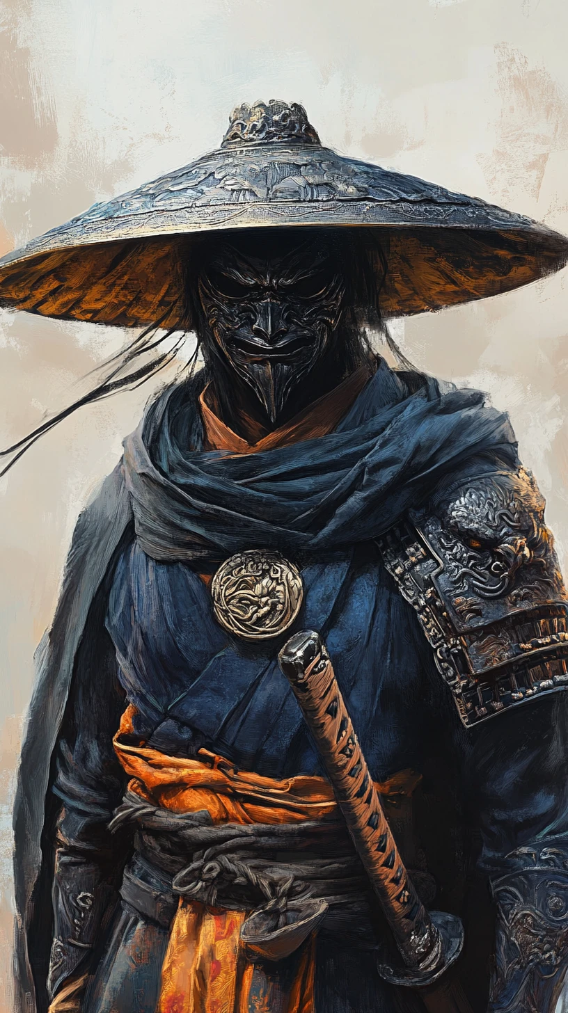 Armored warrior portrait with ornate oni mask and hat