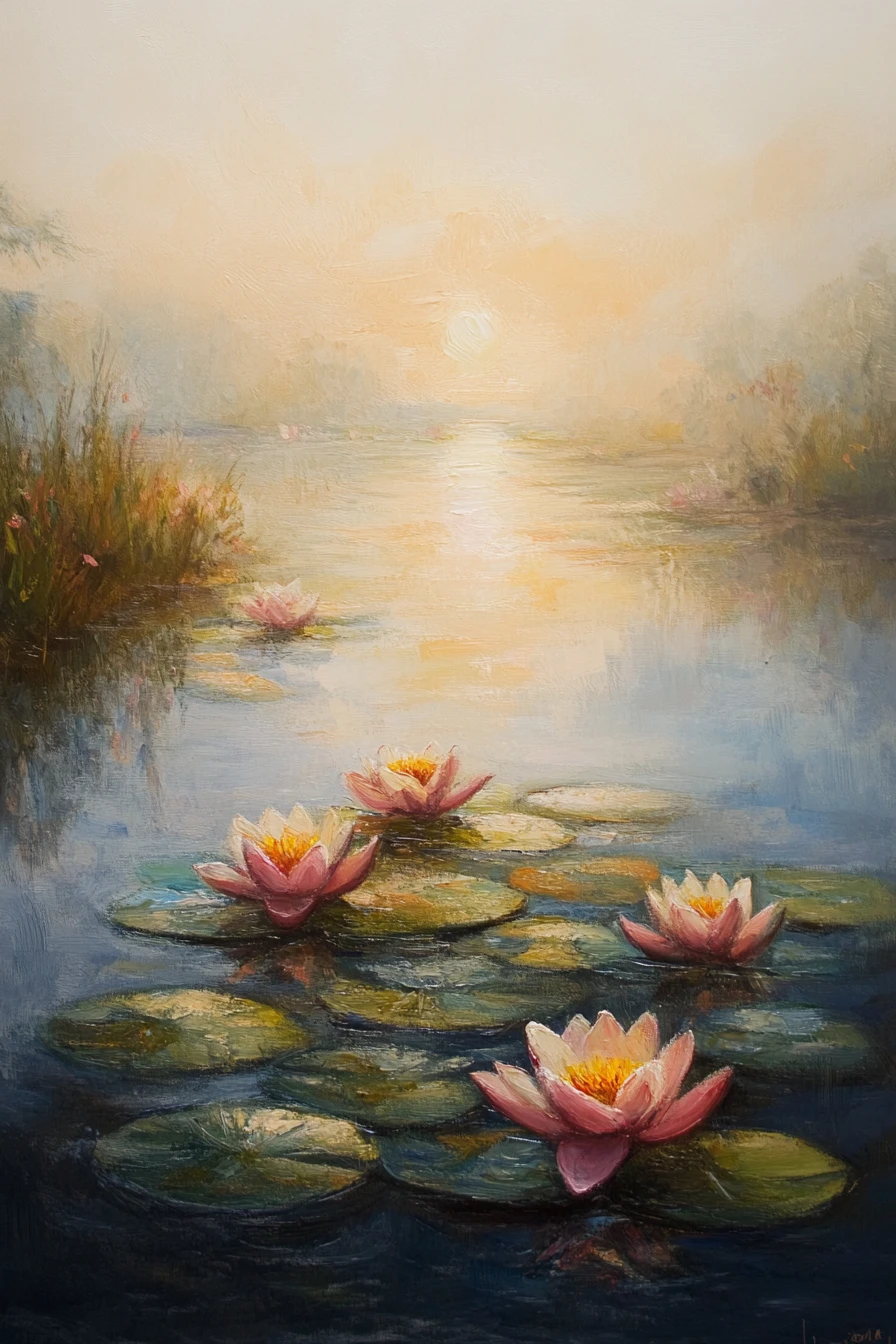 Impressionist Water Lilies At Sunrise In A Quiet Pond