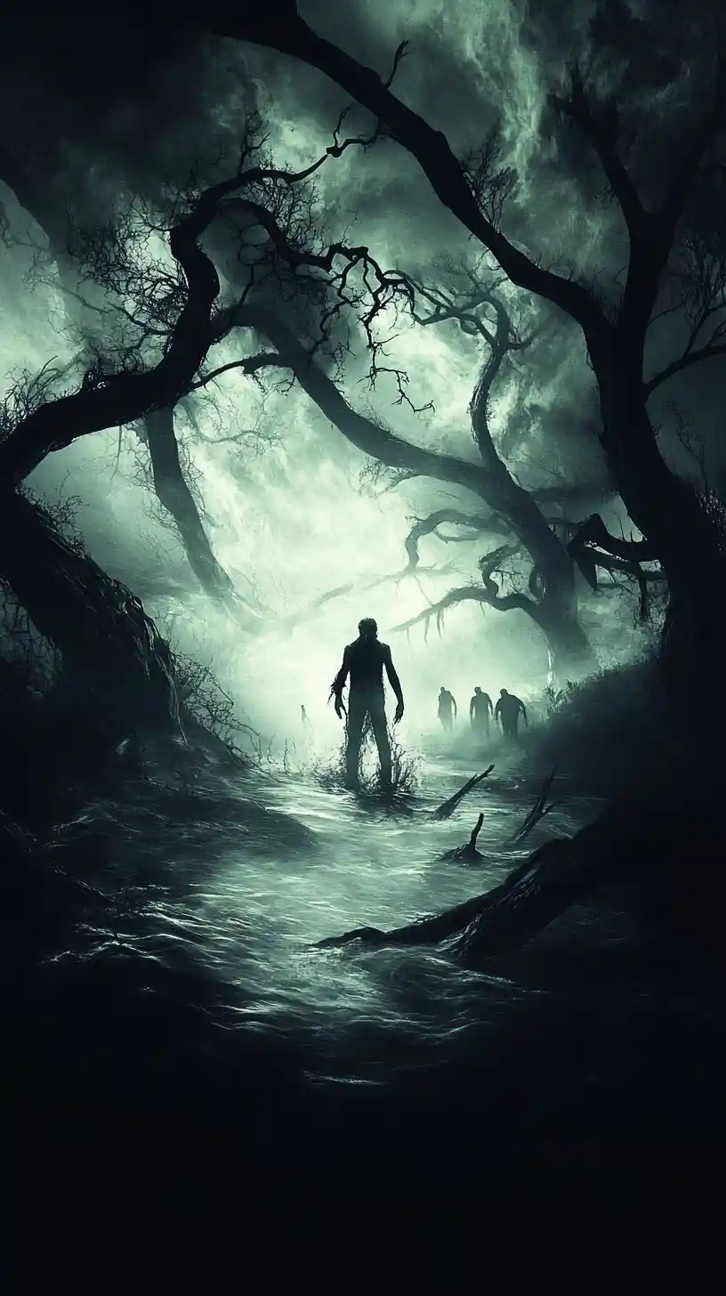 Ominous figure at the edge of a stormy dark lake