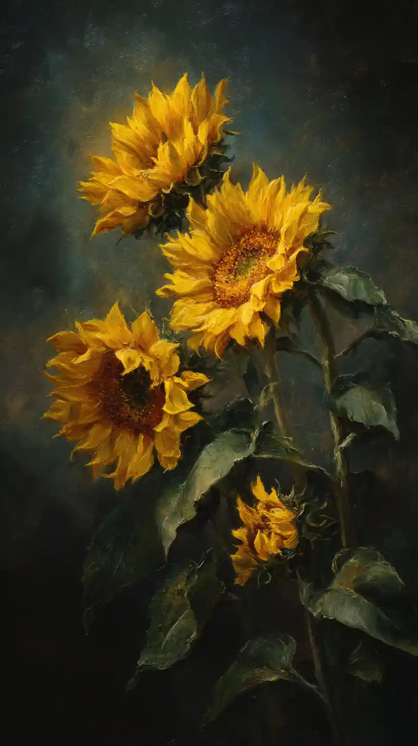 Realistic oil painting of sunflowers in dramatic twilight tones