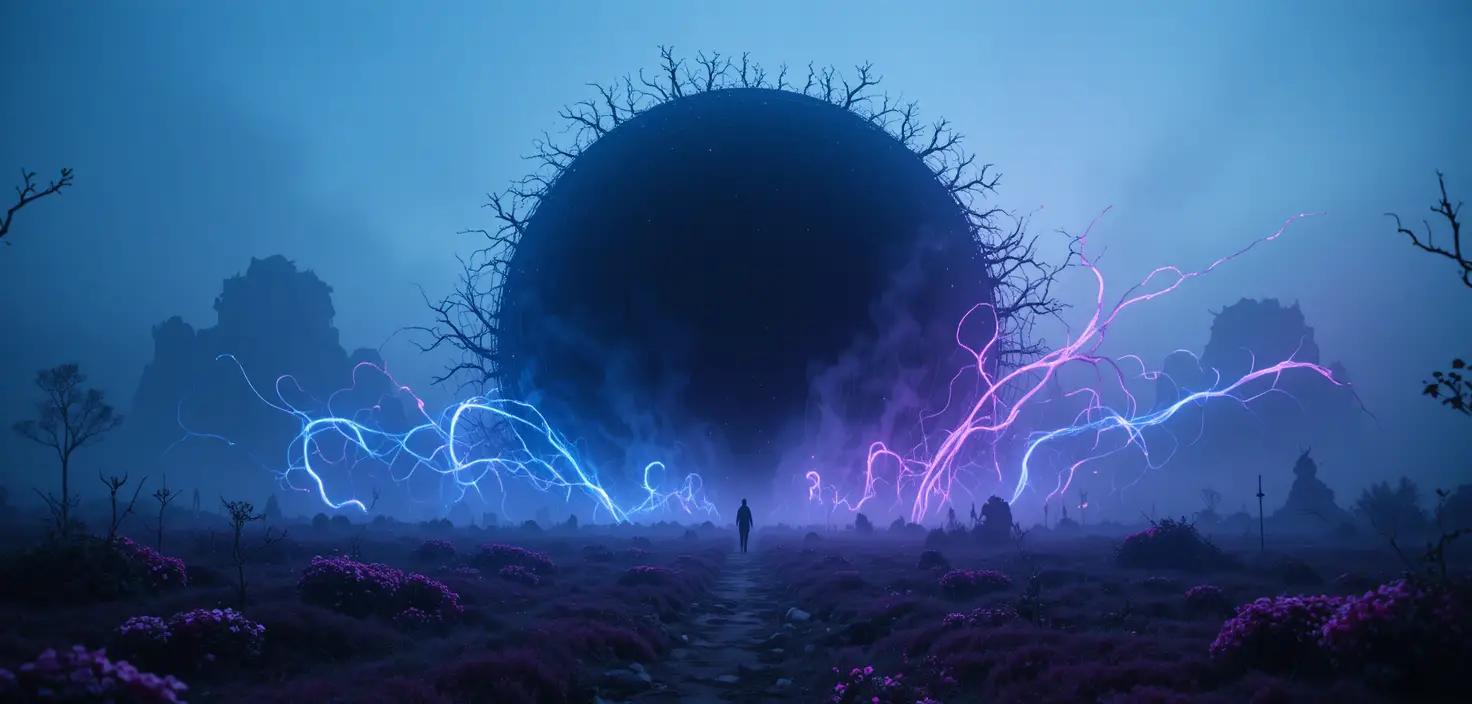 Surreal foggy landscape with colossal black circle and tendrils