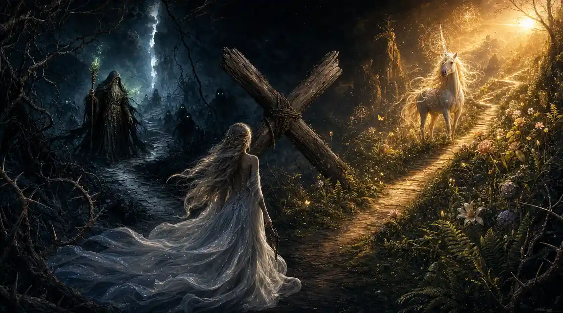 Woman at a crossroads beneath a dark empty sky
