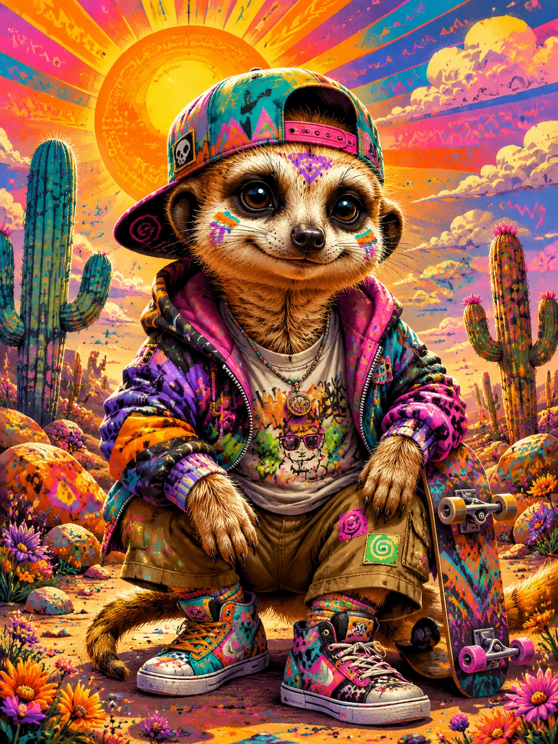 Playful baby meerkat in funky skater streetwear illustration