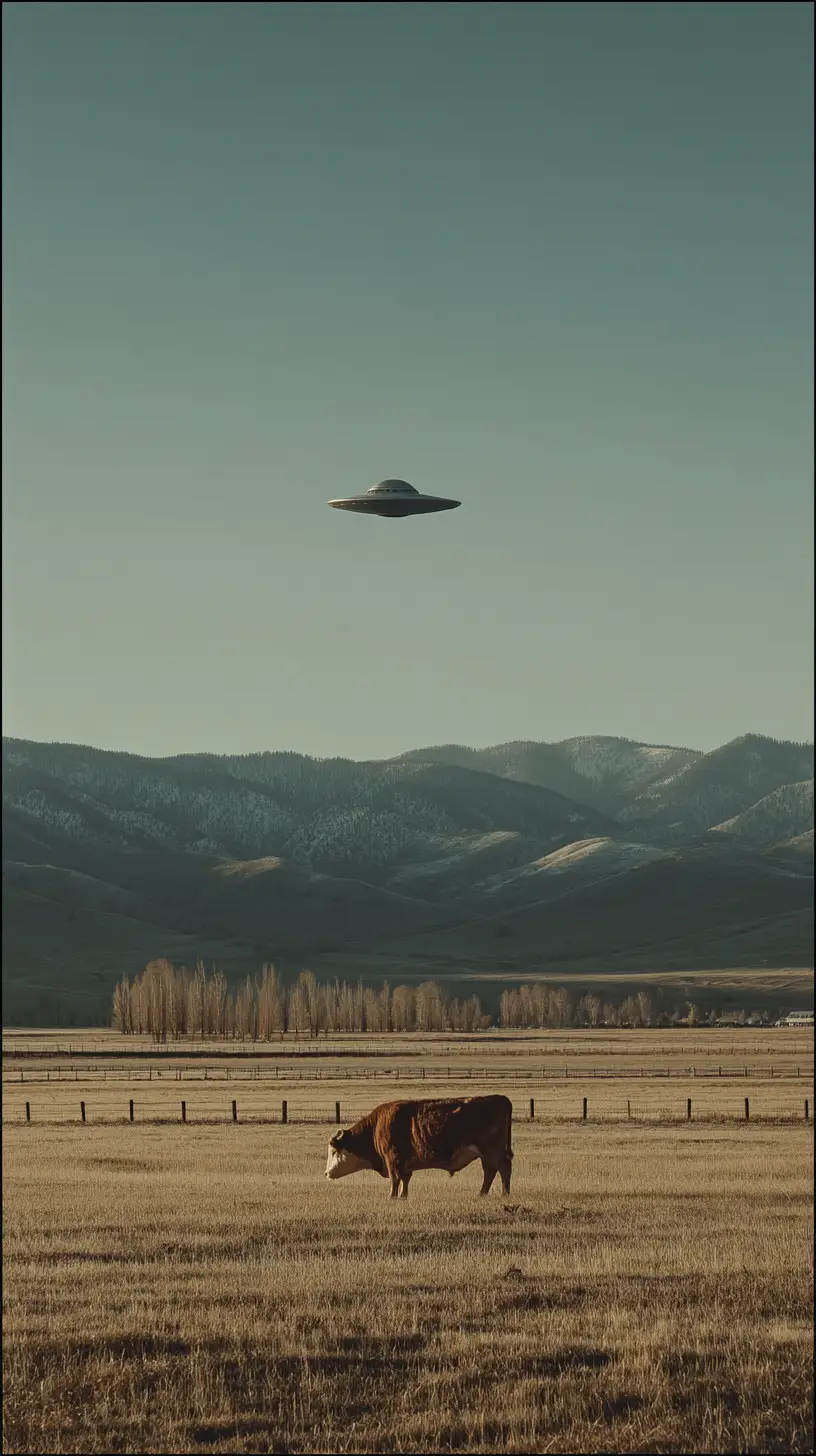 UFO hovering over cow in quiet dusk rural landscape